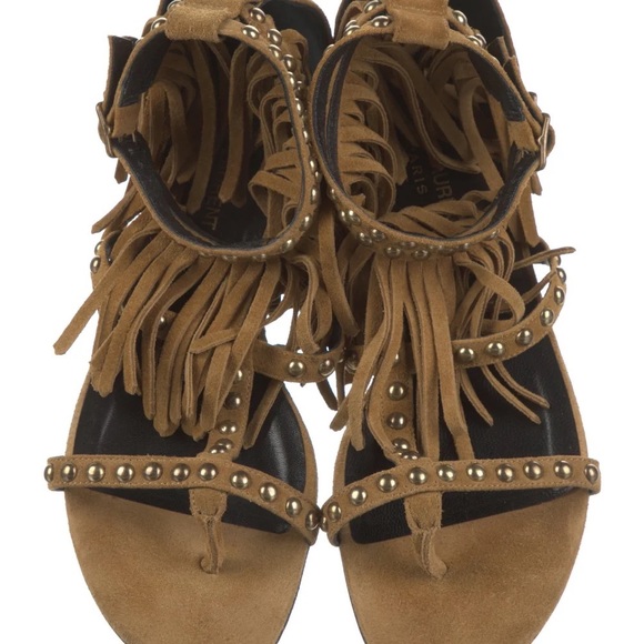Saint Laurent | Gladiator Suede Fringe Flat Studded Sandals Tan 35 - Picture 4 of 8